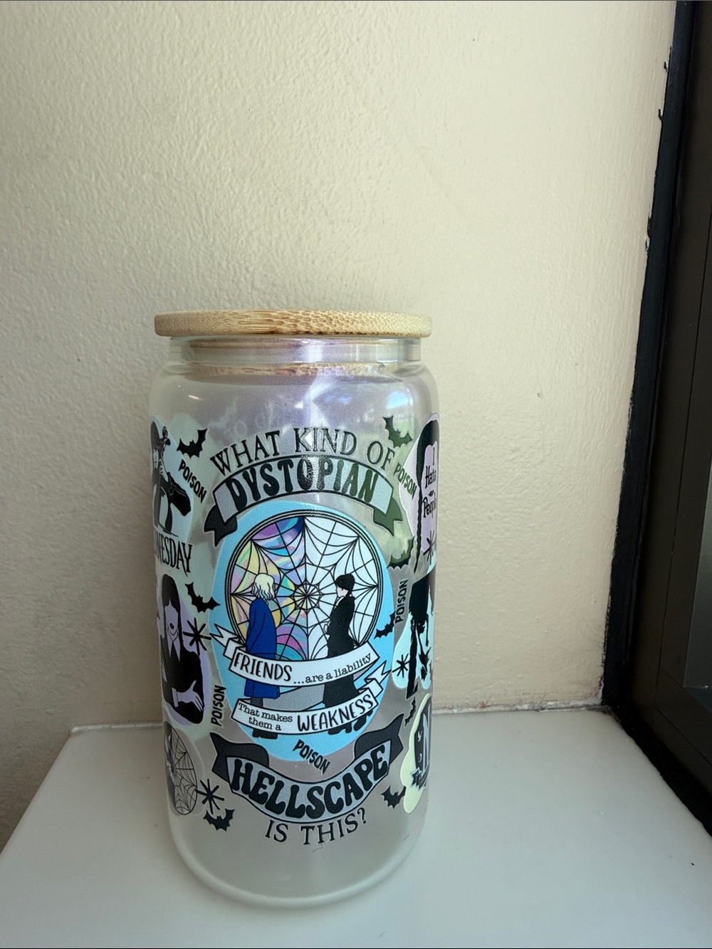 Hand Crafted Iridescent Glass Jar with Wooden Lid - Blue, Purple, Black